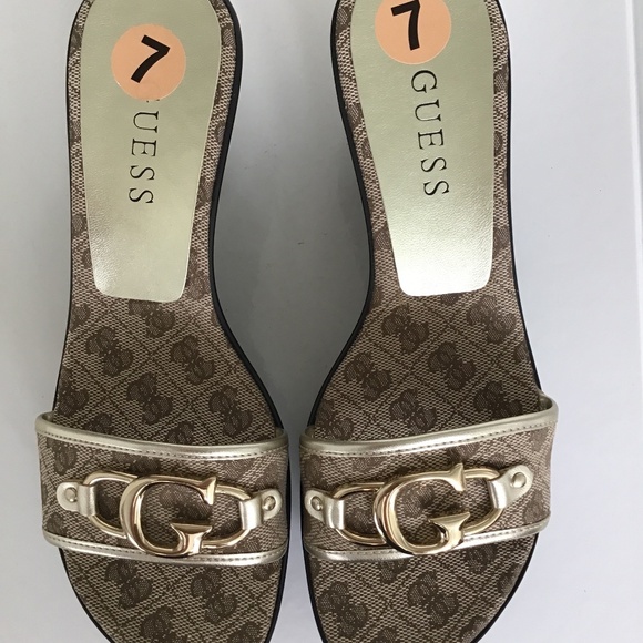 GUESS Brown G logo print wedge sandals size 7 - Picture 1 of 8